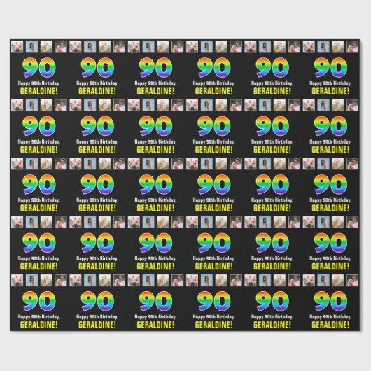 90誕生日: Rainbow "90";写真カスタムと名前 ラッピングペーパー (フラット)