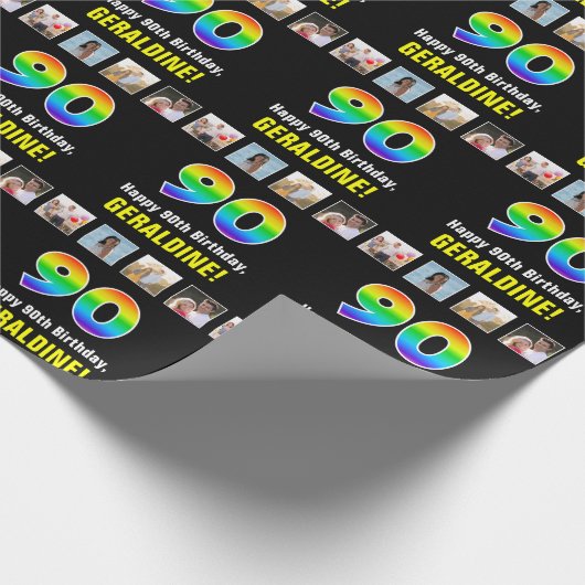 90誕生日: Rainbow "90";写真カスタムと名前 ラッピングペーパー (角)