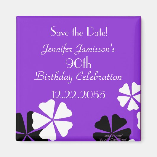 90誕生日Save the Date Purpleフローラマグネット マグネット (正面)