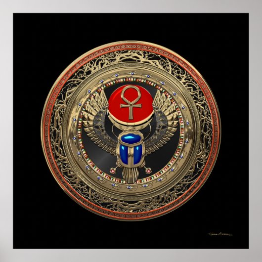 [901]聖なる金ゴールドエジプトの翼を持つスカーラブとアンク ポスター (正面)