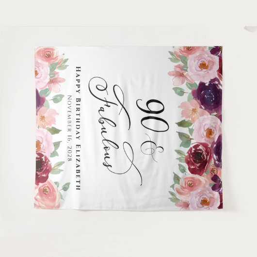 90 おしゃれな花の水彩画の誕生日パーティー タペストリー (正面(横))