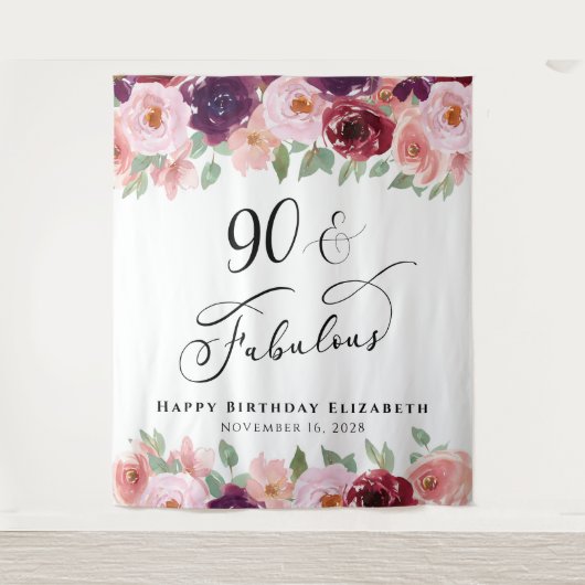 90 おしゃれな花の水彩画の誕生日パーティー タペストリー (正面)