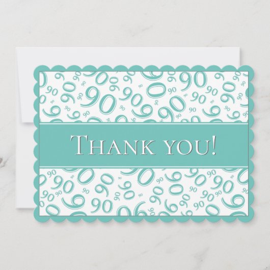 90"は感謝していしています!" ティール(緑がかった色)および白い数パターン サンキューカード (正面)
