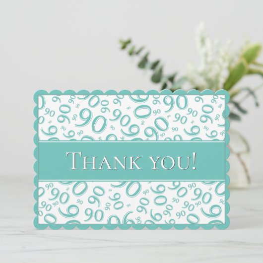 90"は感謝していしています!" ティール(緑がかった色)および白い数パターン サンキューカード (スタンド正面)