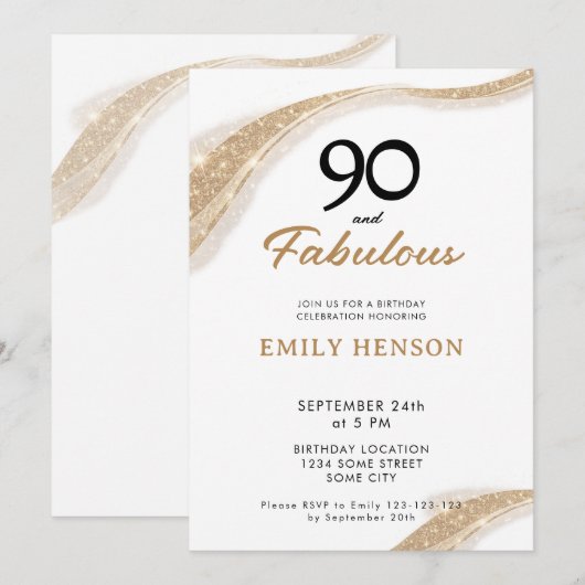 90 and Fabulous Gold 90th Birthday Invitation 招待状 (正面/裏面)