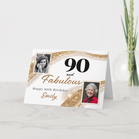 90 and Fabulous Gold Glitter Photo 90th Birthday カード (正面)