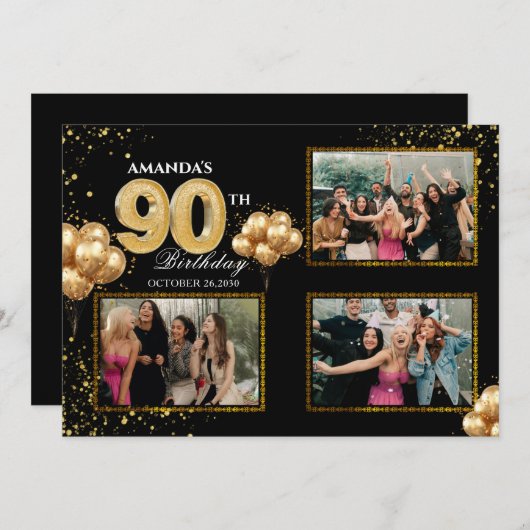 90 th Birthday Gold Silver Black Balloons 招待状 (正面/裏面)