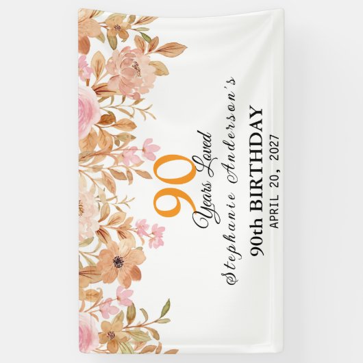 90 Years Loved Peach Floral 90th 横断幕 (縦)