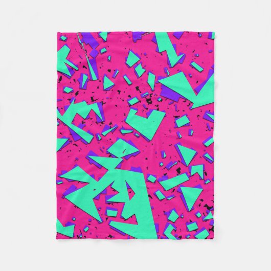 90sティール(緑がかった色)およびピンクの抽象的で幾何学的なパターン フリースブランケット (正面)