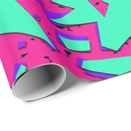 90sティール(緑がかった色)およびピンクの抽象的で幾何学的なパターン ラッピングペーパー (ロールコーナー)