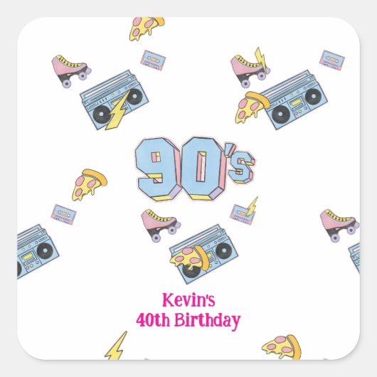 90'sテーマのバースデーステッカー スクエアシール (正面)