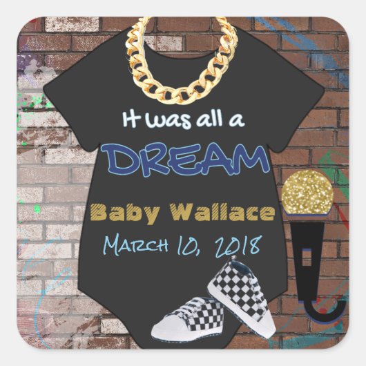 90'sヒップホップBOYベビーシャワーステッカー スクエアシール (正面)