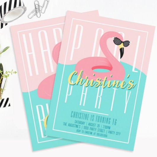90sフラミンゴプールパーティの招待状 招待状