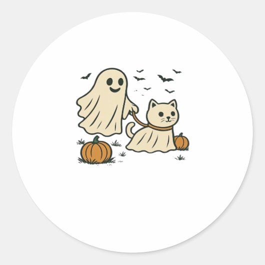 90s Cat Pumpkin Halloween Floral Spooky Season ラウンドシール (正面)