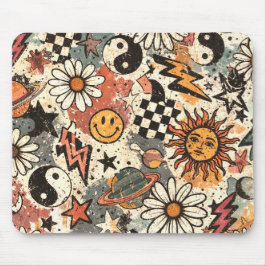 90s Happy Faces Sun Flowers Pattern マウスパッド
