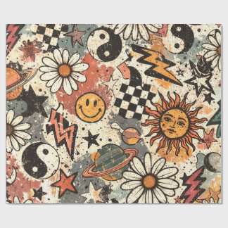90s Happy Faces Sun Flowers Pattern ラッピングペーパー