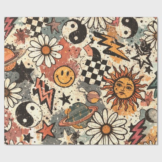 90s Happy Faces Sun Flowers Pattern ラッピングペーパー (フラット)
