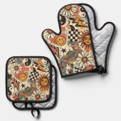  90s Happy Faces Sun Flowers Pattern 鍋つかみ&鍋敷きセット (正面/裏面)