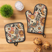  90s Happy Faces Sun Flowers Pattern 鍋つかみ&鍋敷きセット (トップダウン)