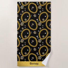  90's Hip Hop Rap Music Gold Cuban Link Chain ビーチタオル