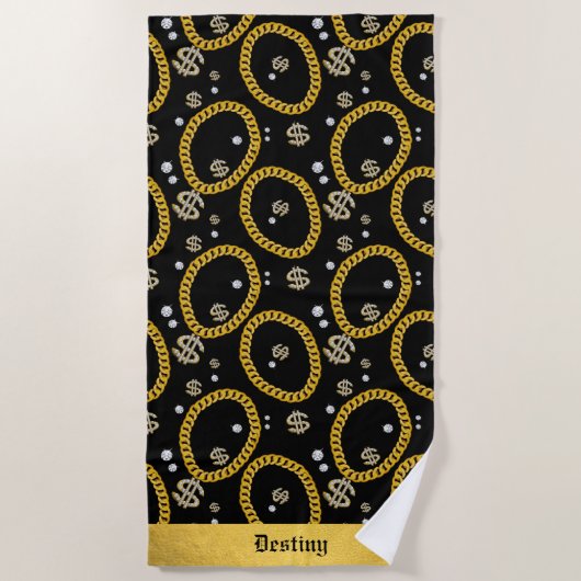  90's Hip Hop Rap Music Gold Cuban Link Chain ビーチタオル (正面)