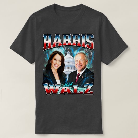 90s Kamala Tim Walz Bootleg 90sヒップホップラップのTシャツ Tシャツ (デザイン正面)