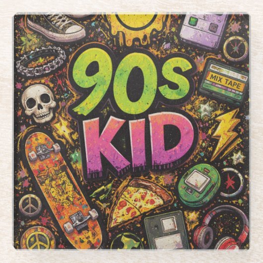 90s Kids Grunge Seamless Pattern: Pizza, Skeletons ガラスコースター (正面)