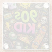 90s Kids Grunge Seamless Pattern: Pizza, Skeletons ガラスコースター (裏面)