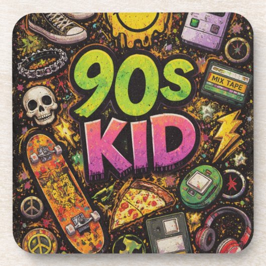 90s Kids Grunge Seamless Pattern: Pizza, Skeletons コースター (正面)