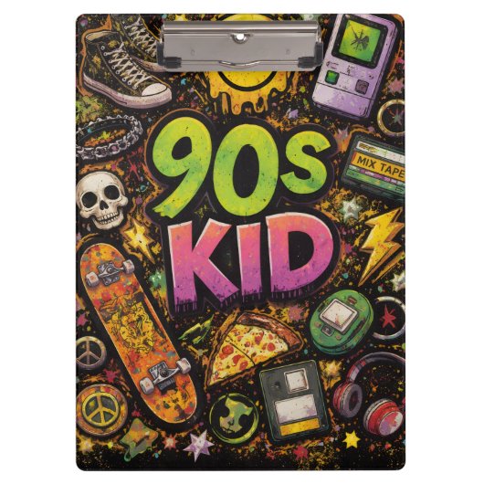 90s Kids Retro Pizza Smiley Face Flower Design クリップボード (正面)