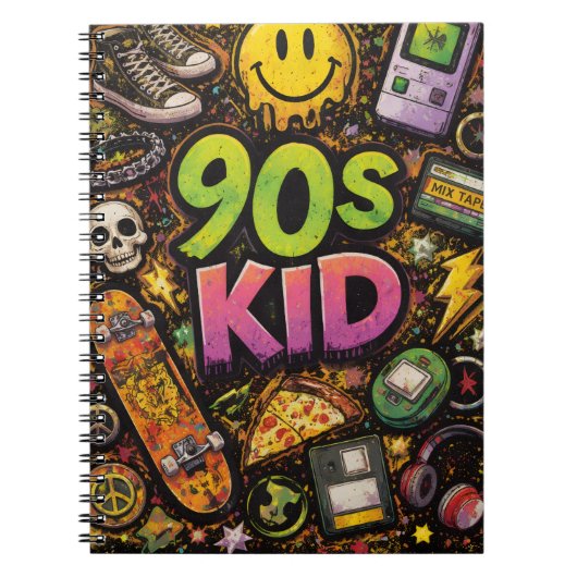90s Kids Retro Pizza Smiley Face Flower Design ノートブック (正面)