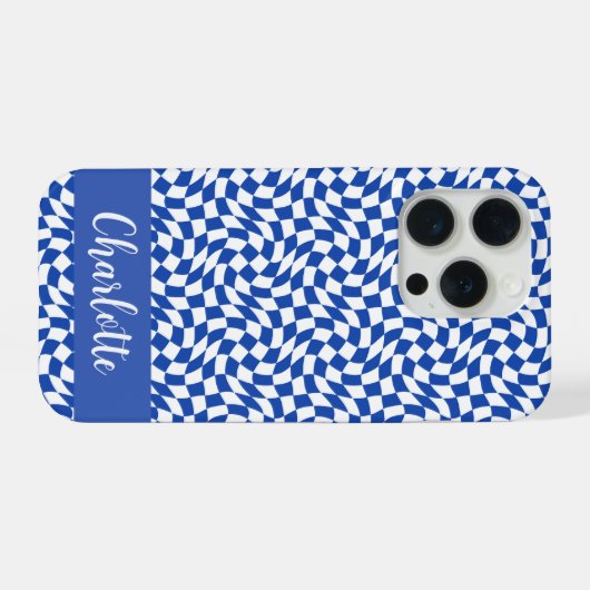90's theme blue checkered name monogram iPhoneケース (裏面横)