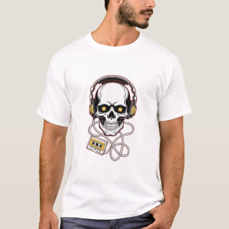 90s Tribal Skull with Headphones – High-Contrast V Tシャツ