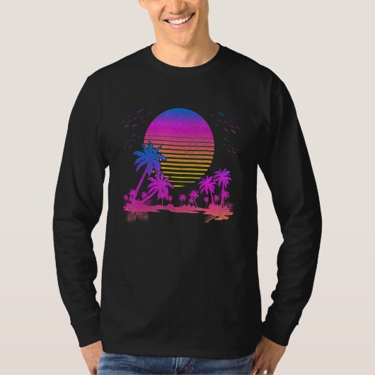 90s Vaporwave Art Palmsレトロ80sエステティックサンセット Tシャツ (正面)