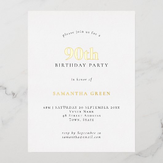 90thエレガントバースデーパーティラグジュアリー実在 箔招待状ポストカード (正面)