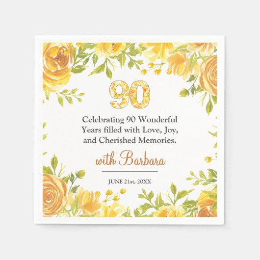 90thエレガントバースデーパーティー – イエローローズデコール スタンダードカクテルナプキン (正面)