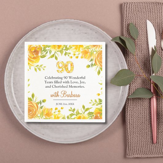 90thエレガントバースデーパーティー – イエローローズデコール スタンダードカクテルナプキン