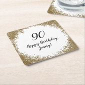 90thエレガントマイルストーンバースデーパーティブラック金ゴールド スクエアペーパーコースター (アングル)