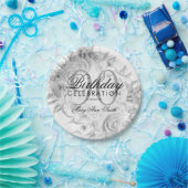 90thエレガント誕生日パーティーフローラシルバーホワイト ペーパープレート (パーティー)