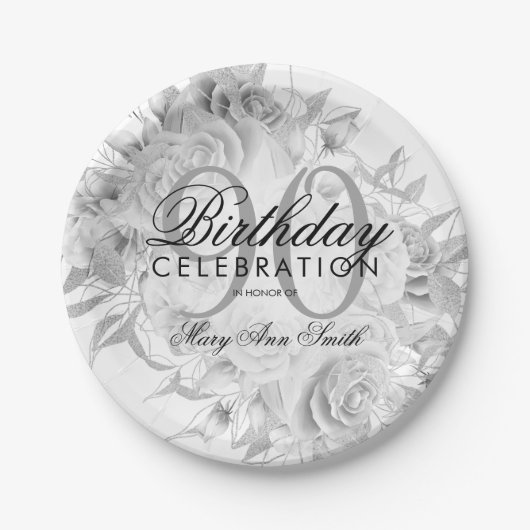 90thエレガント誕生日パーティーフローラシルバーホワイト ペーパープレート (正面)