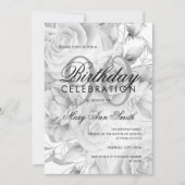 90thエレガント誕生日パーティーフローラシルバーホワイト 招待状 (正面)