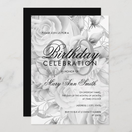 90thエレガント誕生日パーティーフローラシルバーホワイト 招待状 (正面/裏面)