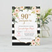 90thサプライズ白黒ストライプフローラ誕生日 招待状 (スタンド正面)