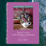90thバースデーパーティーゲストブックティーポットヴィンテージ ノートブック<br><div class="desc">この90誕生日のゲストブックは飾紫の背景に、ヴィンテージのティーポットに美しい花の私のオリジナル写真と淡い色の一緒である。背景色は「ラジアントラン」。文字は白い。簡単に対するカスタマイズ、単にサンプル文字を変更または削除。オリジナル写真：Marcia Socolik.All Rights Reserved © 2017 Alan & Marcia Socolik.</div>