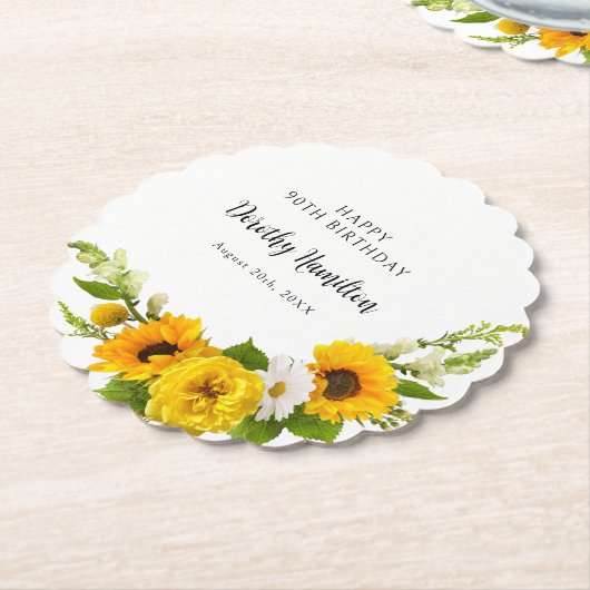 90thバースデーパーティースンフラワーデイジーカスタム ペーパーコースター (アングル)