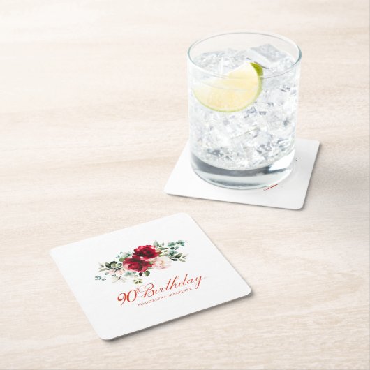 90thバースデーパーティードレッドピンクカスタムフローラ スクエアペーパーコースター (インサイチュ)