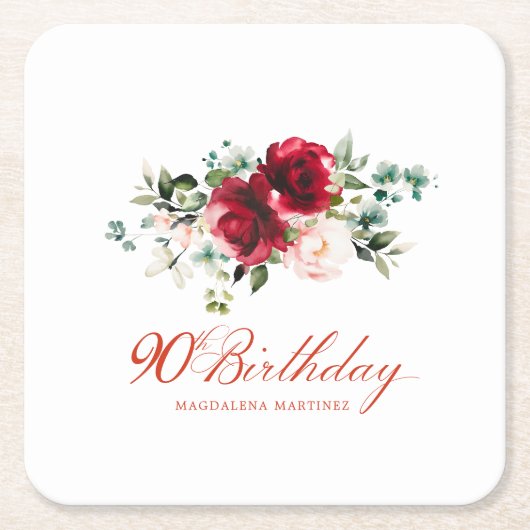 90thバースデーパーティードレッドピンクカスタムフローラ スクエアペーパーコースター (正面)