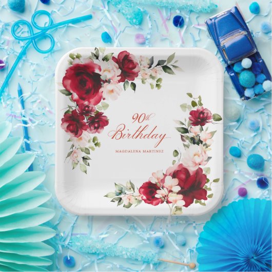 90thバースデーパーティードレッドピンクカスタムフローラ ペーパープレート (パーティー)