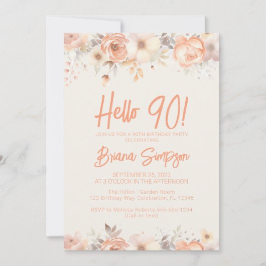 90thバースデーパーティーピーチベージュアイボリーフローラ 招待状 (正面)