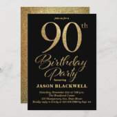 90thバースデーパーティーブラック&金ゴールド 招待状 (正面/裏面)
